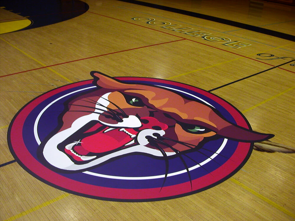 Custom court floor graphic of college mascot