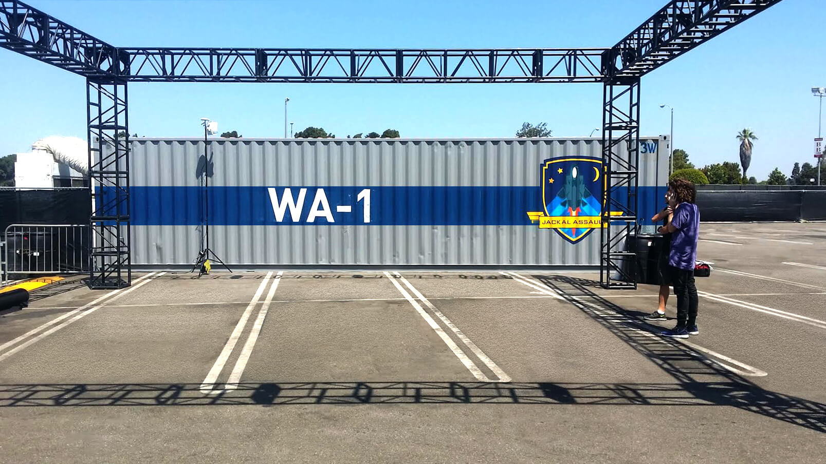 A vinyl graphic install on containers that housed 3D pilot simulators at the CALL OF DUTY XP