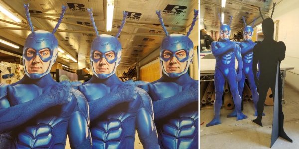 Life-size superhero Ticks, called 'standees', cut with our CNC machine.