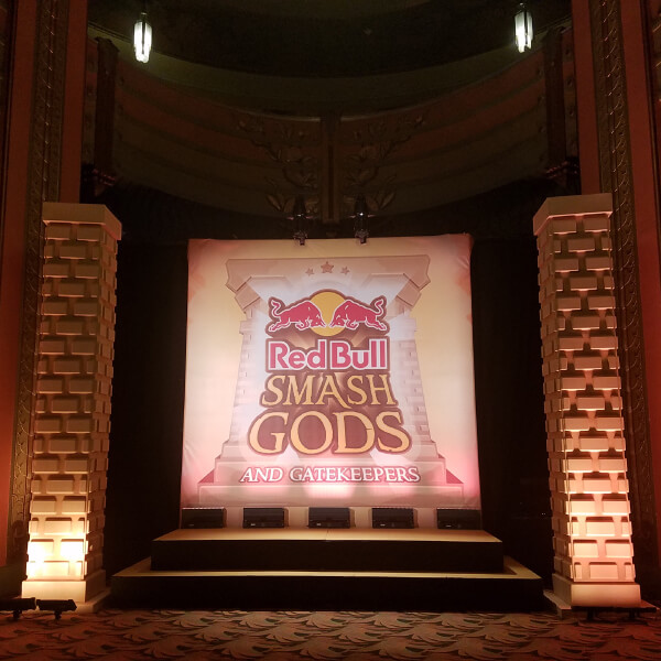 A custom printed backdrop for the “Red Bull Smash Gods and Gate Keepers” event