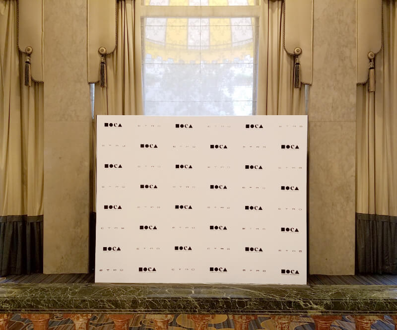 An 8 by 10 foot fabric press wall for MOCA’s “Women in the Arts” luncheon
