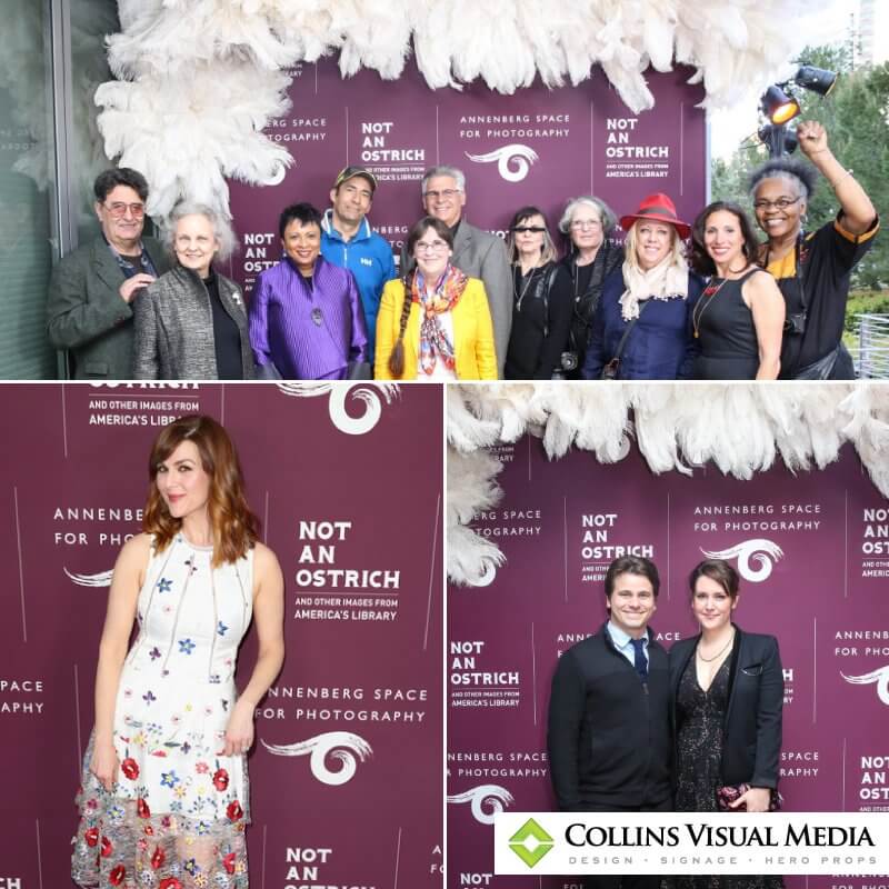 A beautiful custom 9 by 8 foot step and repeat with added ostrich feathers