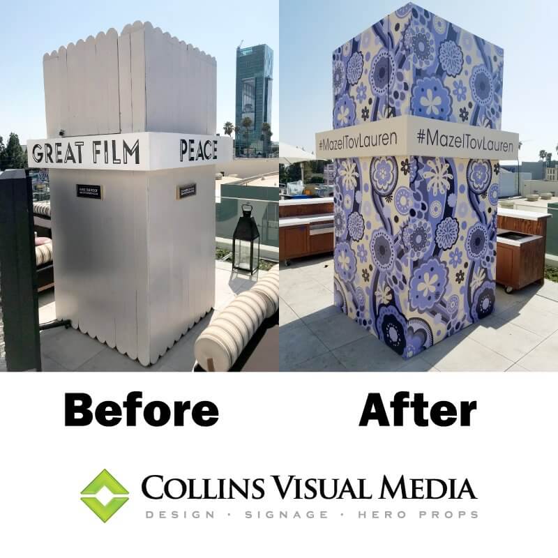A projection booth covered in beautiful custom graphics for Lauren's Bat Mitzvah