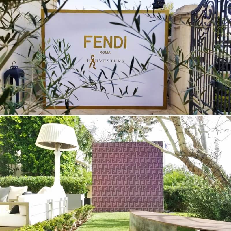 An 8 by 10 foot and 8 by 8 foot media wall for Fendi Roma's posh party