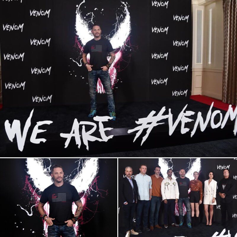 Tom Hardy in front of an immaculate 8 by 16 foot backdrop for the premiere of Venom